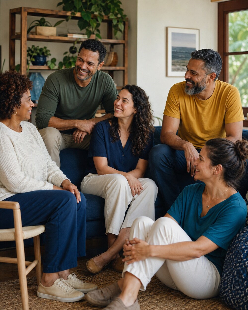Grupo de pessoas sorrindo e conversando em um ambiente acolhedor